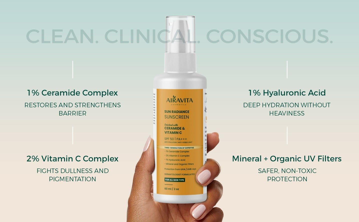 Alkavita sunscreen bottle held by a hand with product features listed on a light blue background