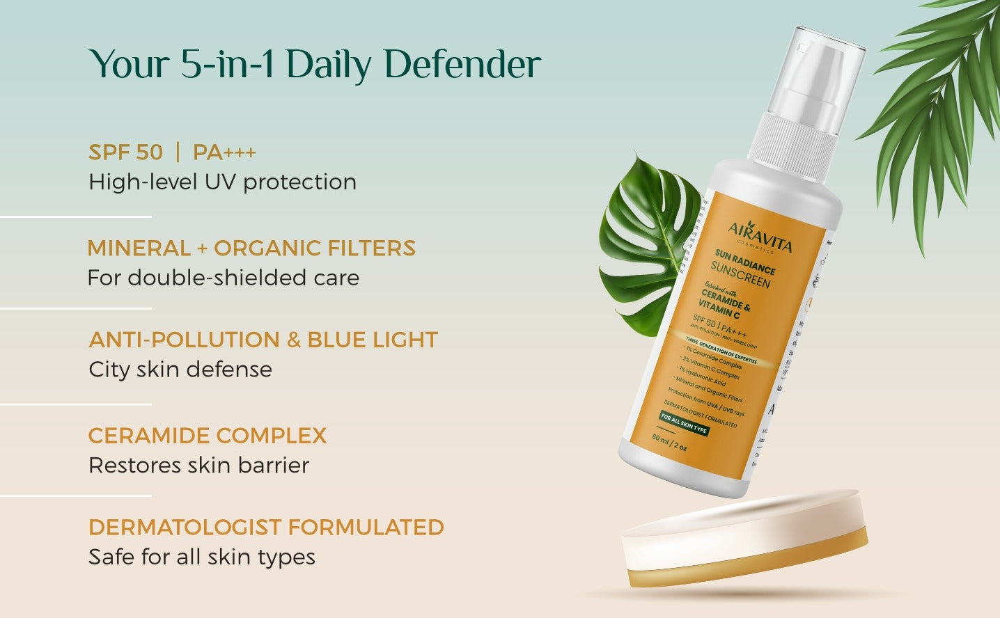 Skincare product with SPF 50 and PA+++ on a light background