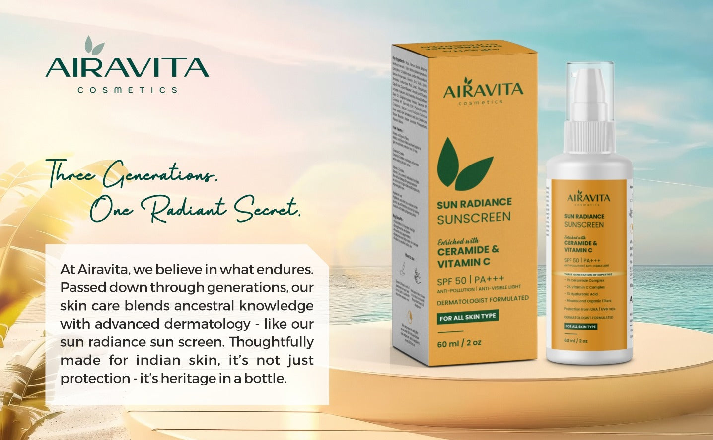 Airavita Sunscreen products with packaging and bottle on a beach background